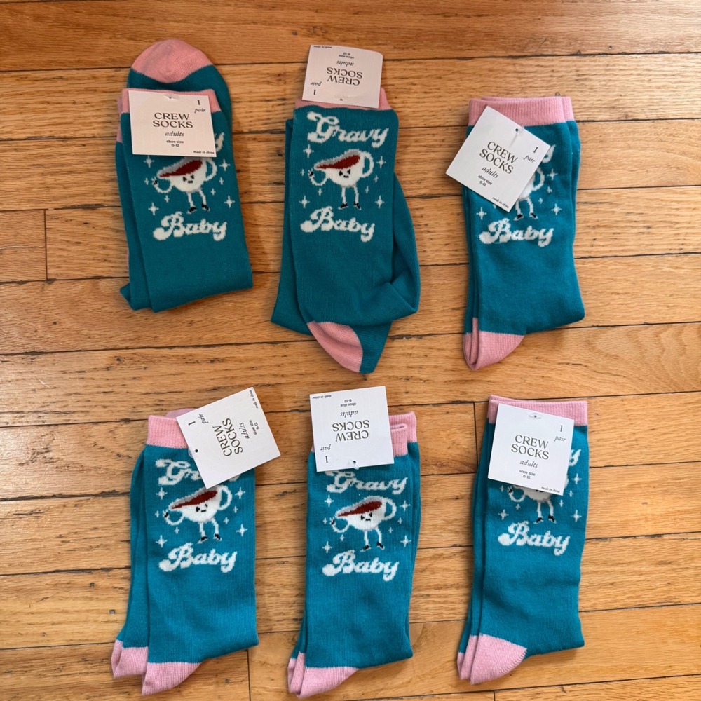 6 Pack Gravy Baby Crew Socks Teal Pink Food Pun Novelty Adult Shoe Size 6-12 NEW